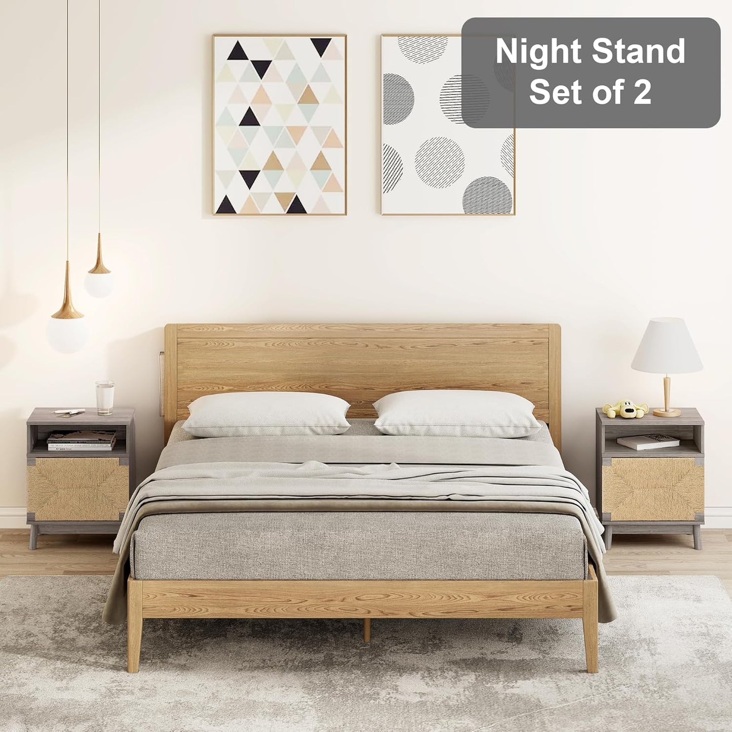 brafabhome Bohemian Rattan Nightstand Set of 2, Wood Bedside Table with Drawers for Bedroom Living Room, Beige