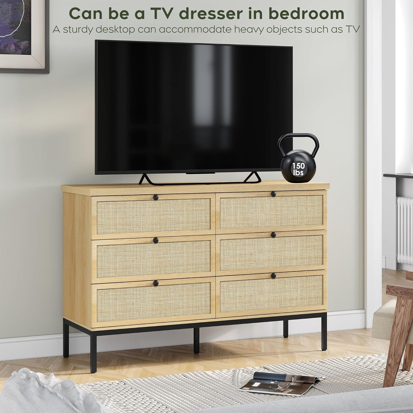 Brafabhome Mid-Century Modern Dresser with Hand-Woven Natural Rattan, Vintage Green Boho 6 Drawer Double Dresser with Wooden Legs