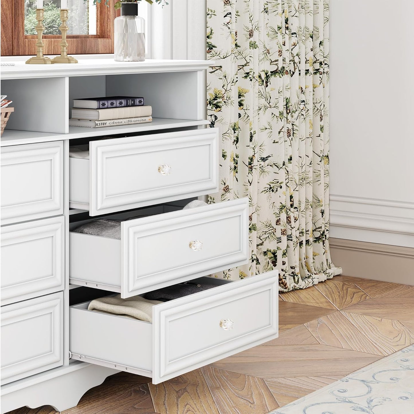 6 Drawer Dresser for Bedroom with Shelves Storage, 47'' Wide Farmhouse Thickened Wood Chest of Drawers, 35'' Tall Mid Century Modern Dressers Organizer for Living Room, Closet, Hallway