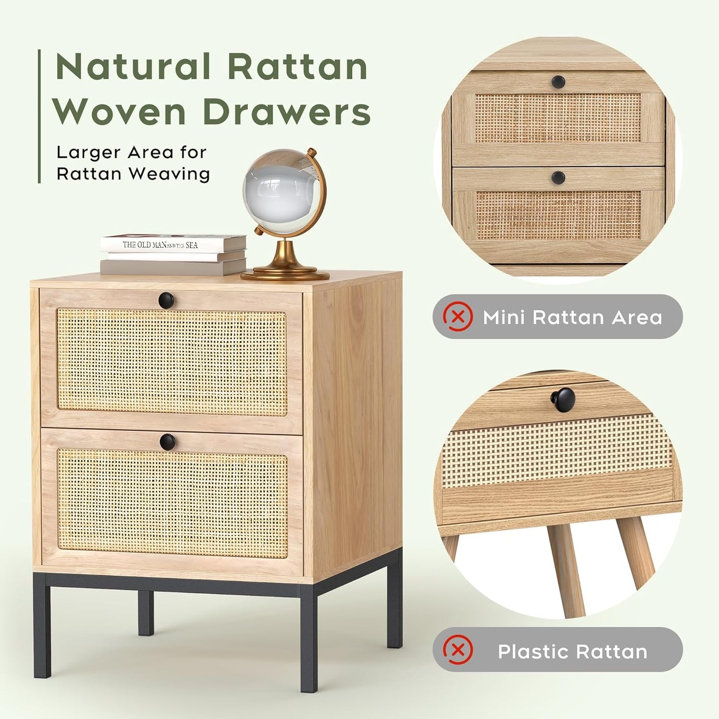 brafabhome Bohemian Rattan Nightstand Set of 2, Wood Bedside Table with Drawers for Bedroom Living Room, Beige