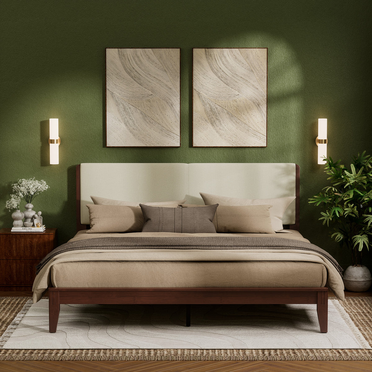 Brafabhome Bed Frame with Upholstered Headboard, Joinery Bamboo Wood Platform Bed with Noise Free Wood Slats, Easy Assembly, No Box Spring Needed