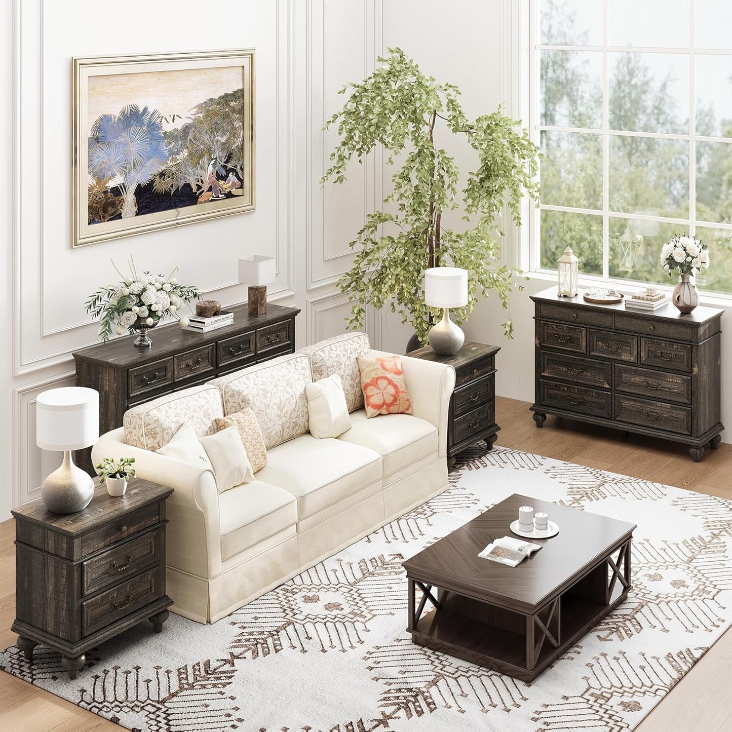 3 Drawers Farmhouse Rustic Thickened Wood Nightstands