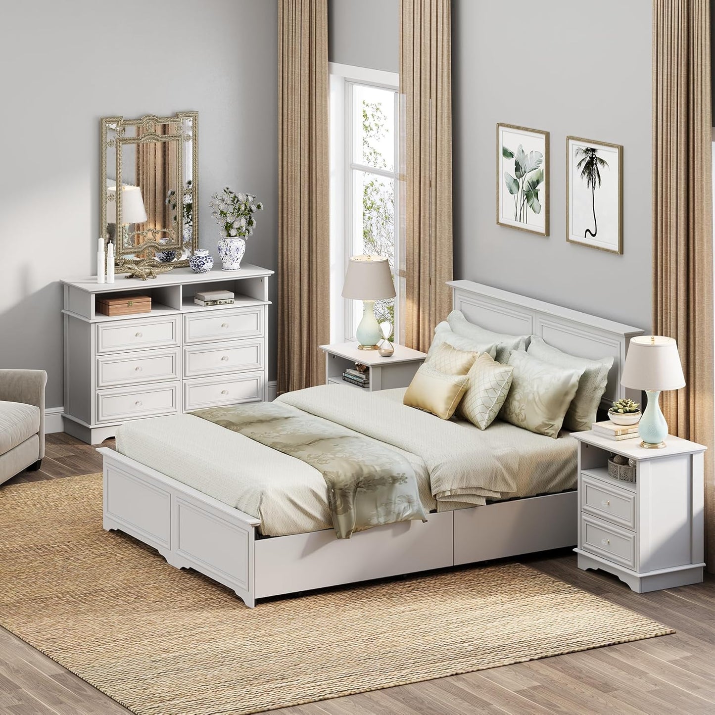 Brafabhome Mid-Century Wood Queen Bed Frame with 4 Storage Drawers, Rustic High Headboard Queen Size Platform Bed Frame for Bedroom Hotel Apartment, No Box Spring Needed