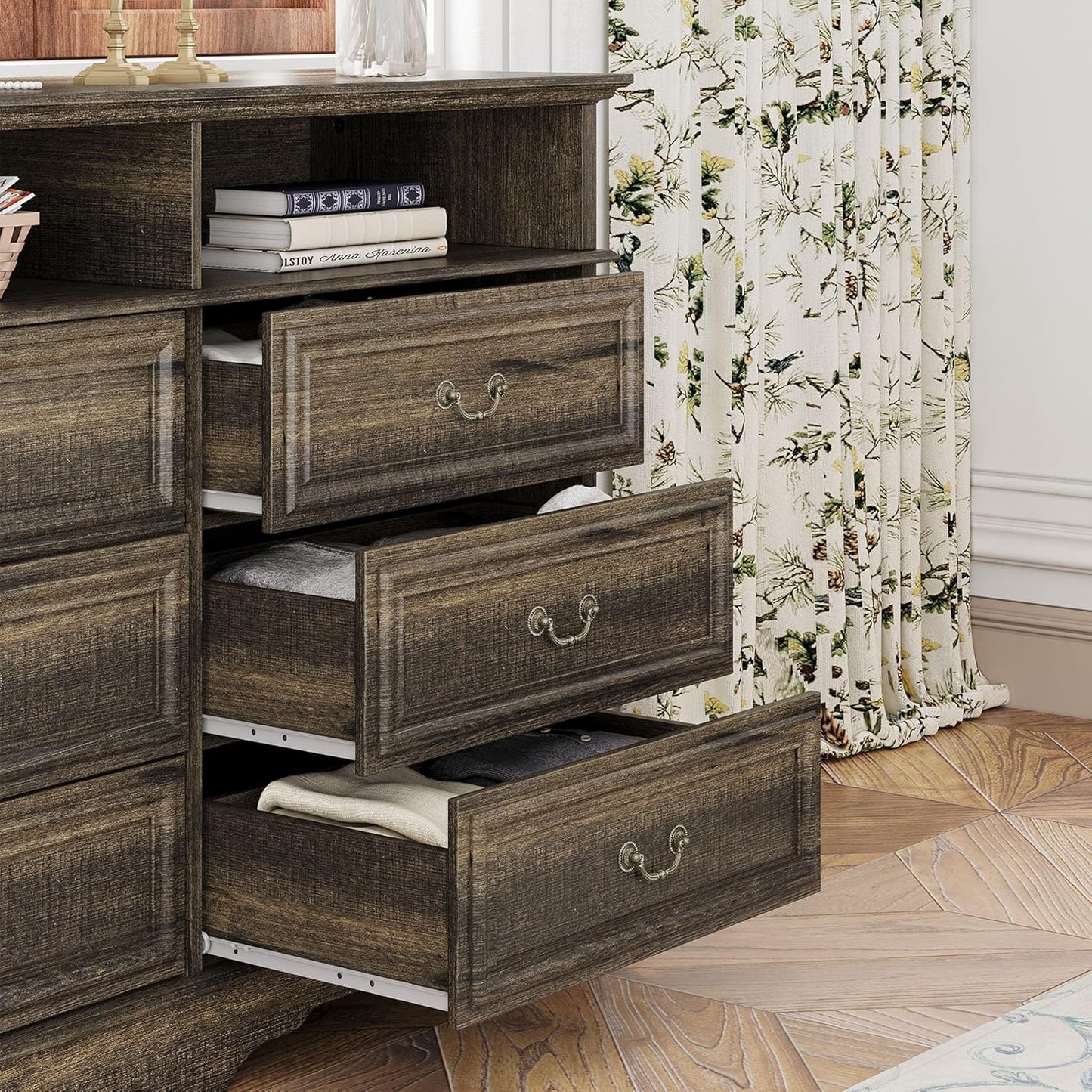 6 Drawer Dresser for Bedroom with Shelves Storage, 47'' Wide Farmhouse Thickened Wood Chest of Drawers, 35'' Tall Mid Century Modern Dressers Organizer for Living Room, Closet, Hallway