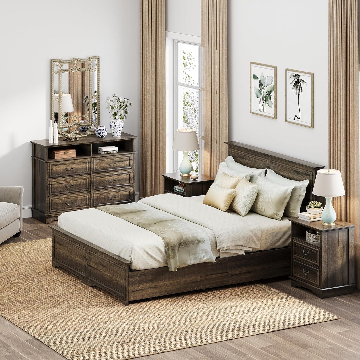 Brafabhome Mid-Century Wood Queen Bed Frame with 4 Storage Drawers, Rustic High Headboard Queen Size Platform Bed Frame for Bedroom Hotel Apartment, No Box Spring Needed