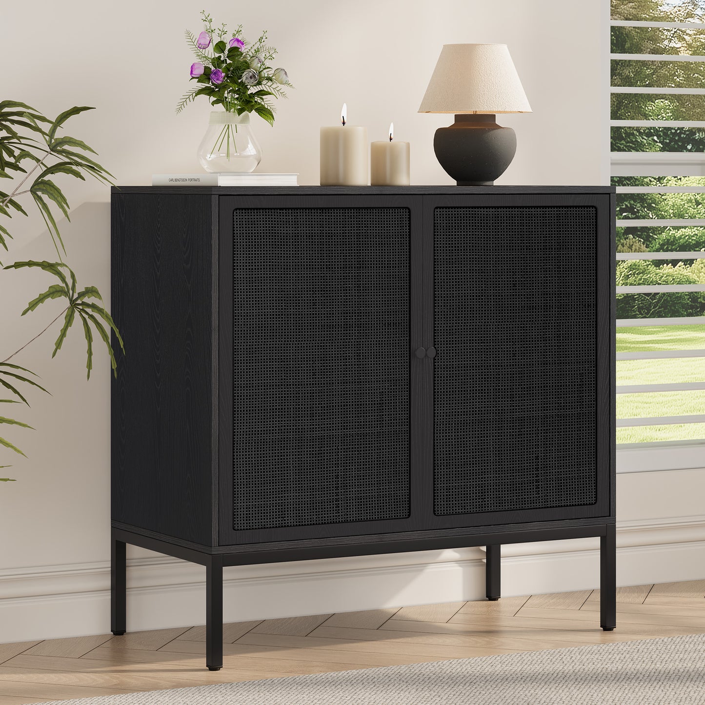 Brafabhome Sideboard Storage Cabinet with Handmade Natural Rattan Doors, Buffet Cabinet with Storage Shelf for Living Room, Dining Room, Entryway, Kitchen