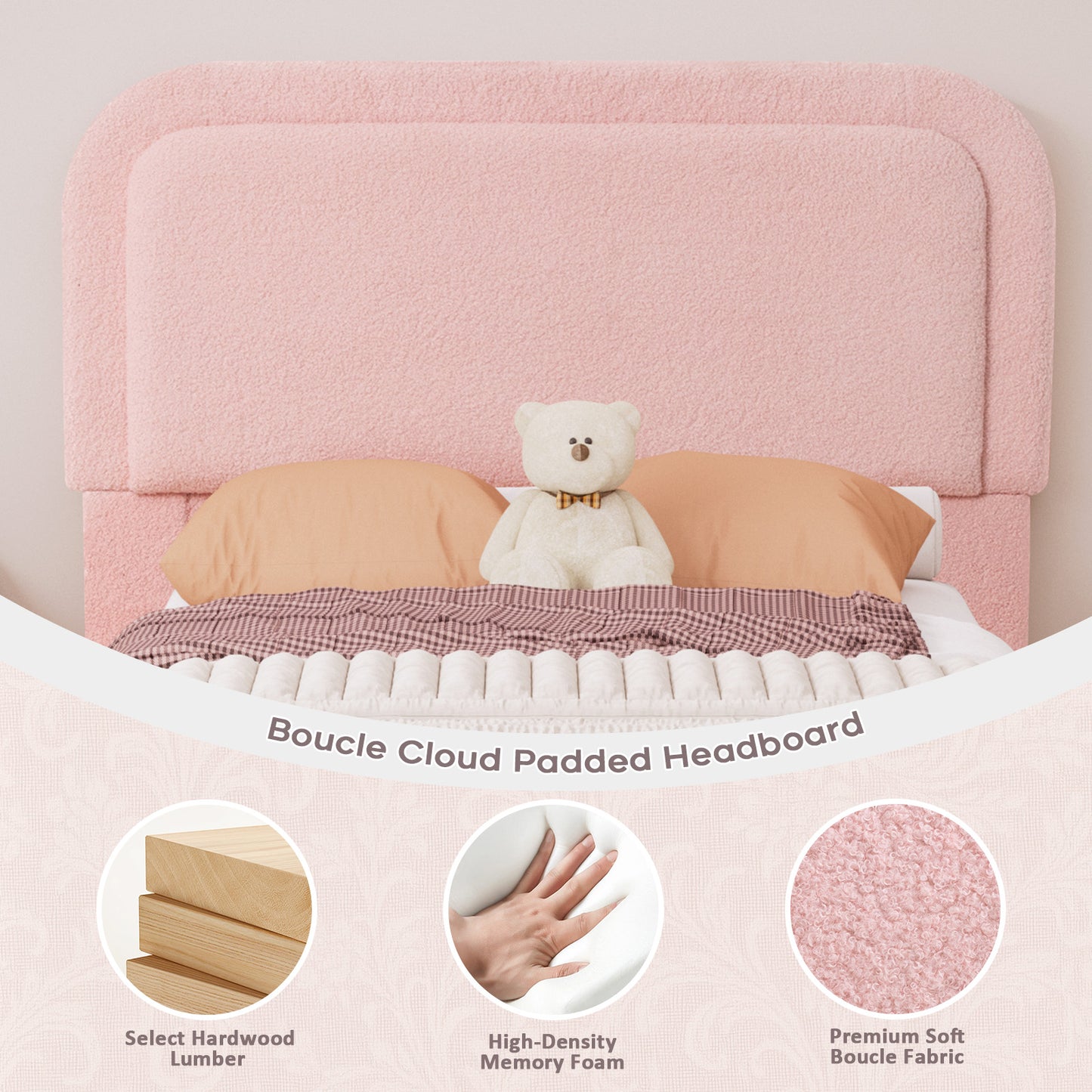 Brafabhome Twin Size Bed Frame with Round Corner Headboard, Soft Boucle Cloud Upholstered Fluffy Platform Bed with Bump-Proof Edge Footboard for Kids, No Box Spring Needed | Pink
