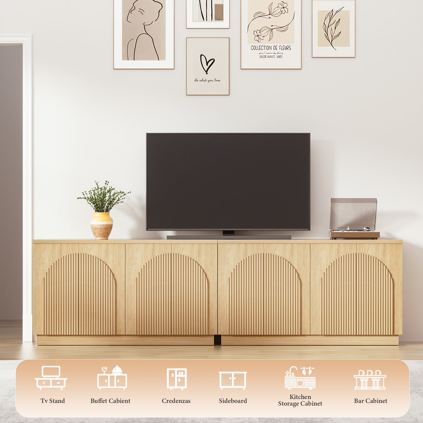 Brafabhome Accent Sideboards Buffet Cabinet with Arched Reeded Design Door, Modern Credenza Storage Cabinet with Adjustable & Removable Shelves for Living Room Bedroom Dinning Room