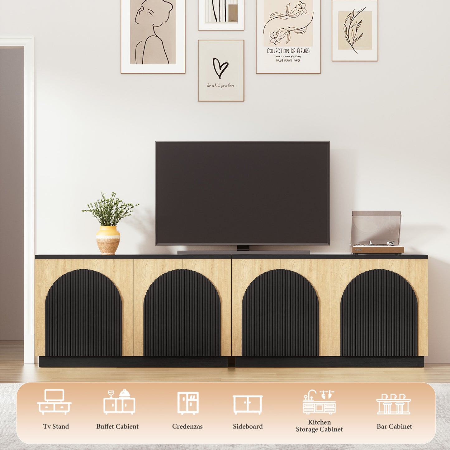 Brafabhome Accent Sideboards Buffet Cabinet with Arched Reeded Design Door, Modern Credenza Storage Cabinet with Adjustable & Removable Shelves for Living Room Bedroom Dinning Room