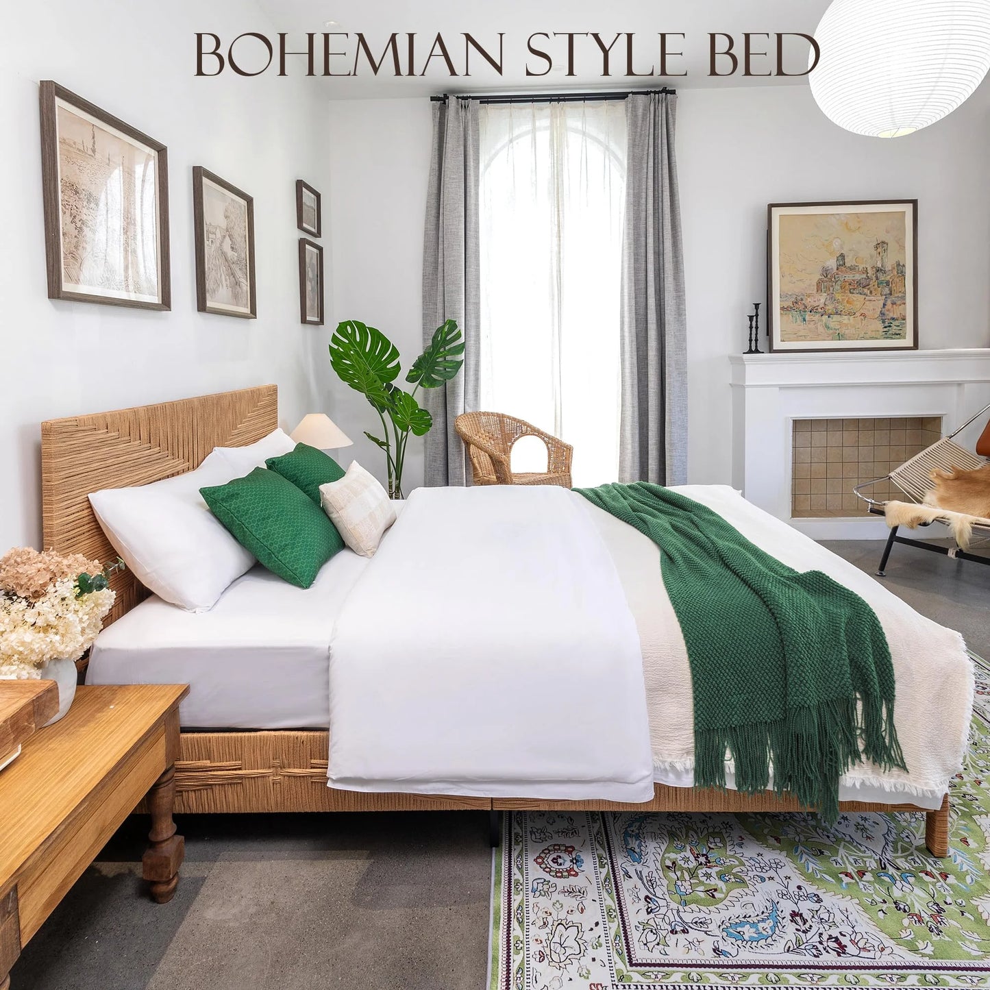 Brafabhome Rattan Queen Bed Frame with Headboard and Footboard
