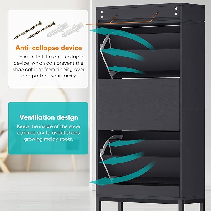 Brafabhome Shoe Rack Storage Organizer with 3 Flip Doors, Entryway Wooden Shoe Cabinet for Sneakers, Leather Shoes, High Heels, Slippers