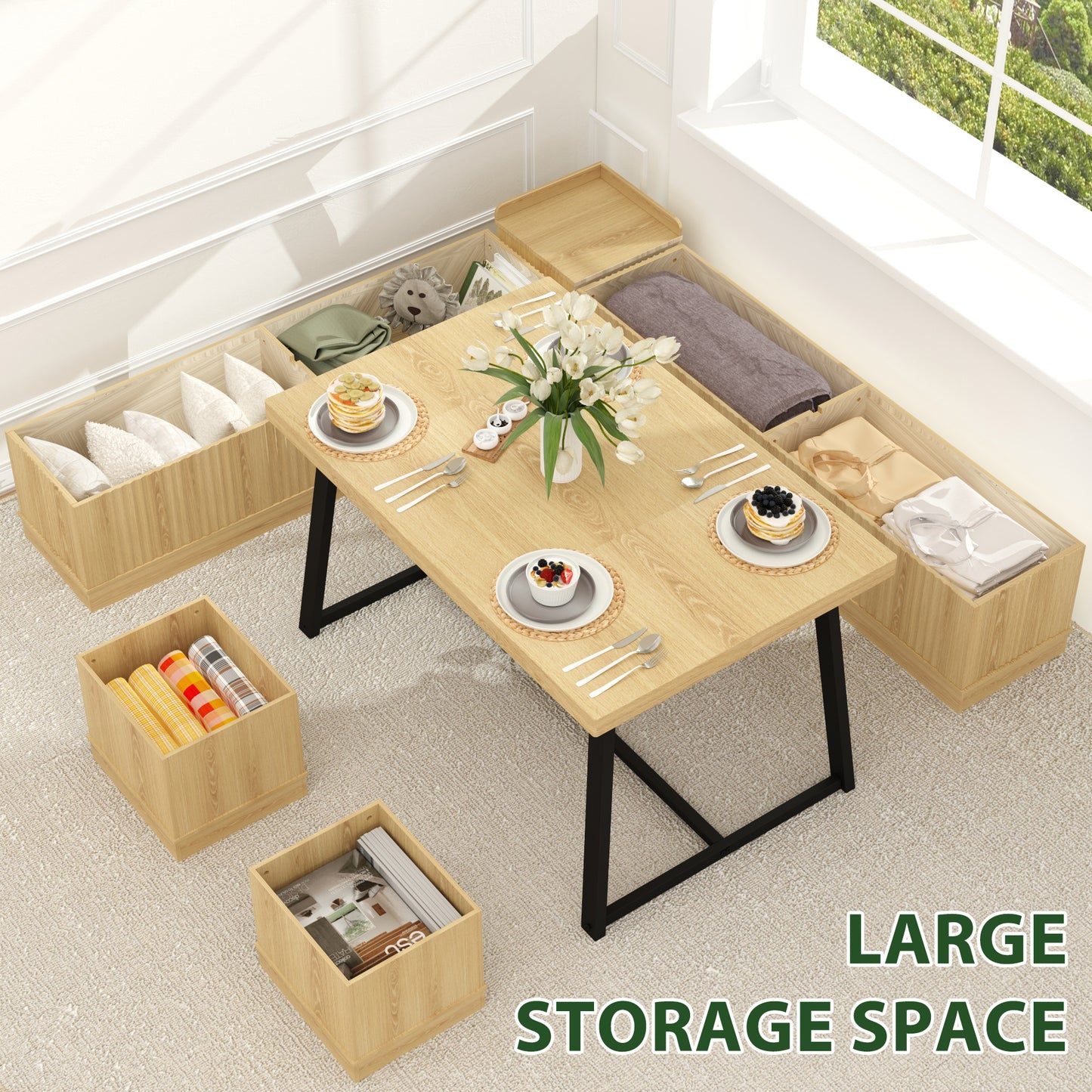 Brafabhome 6 PCS Dining Table Set with Storage Bench, Modern Corner Breakfast Nook with Cushions Stool for 6, Suitable for Kitchen and Dining Room