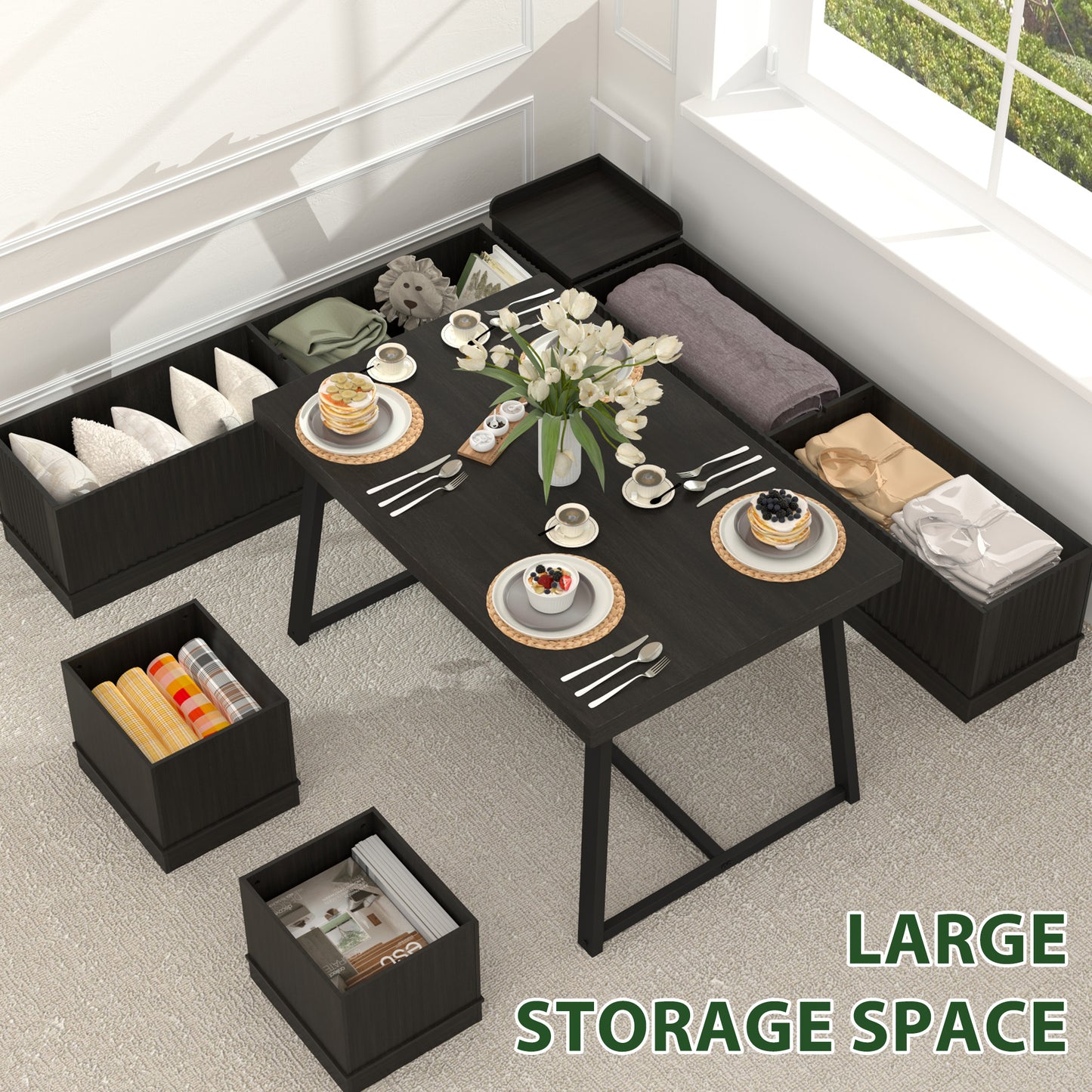 Brafabhome 6 PCS Dining Table Set with Storage Bench, Modern Corner Breakfast Nook with Cushions Stool for 6, Suitable for Kitchen and Dining Room