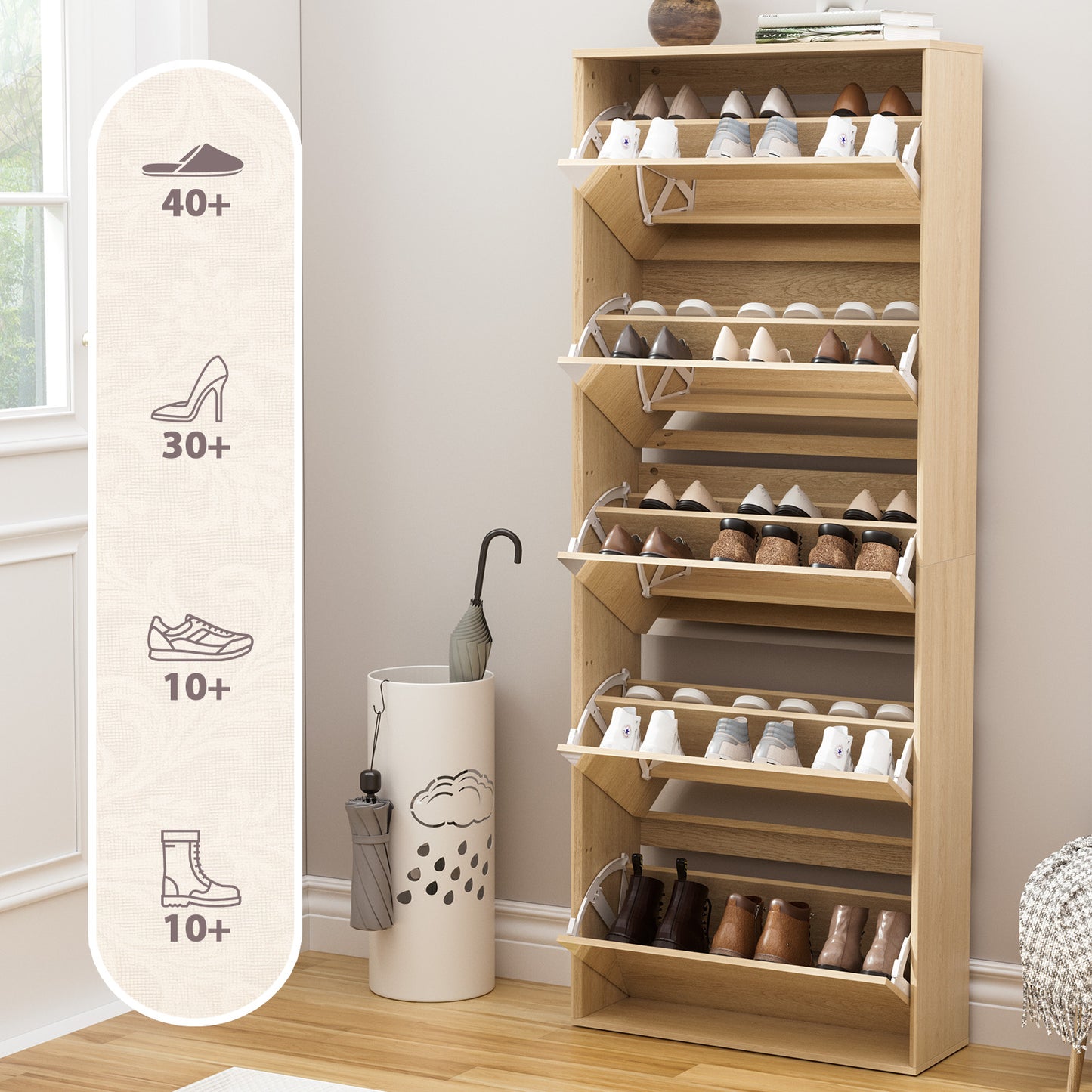 Brafabhome Mirror Shoe Cabinet with 5 Flip Doors, 30-Pairs Shoe Organizer Cabinet for Hallway, Modern Entryway Shoe Storage for Slippers Sneakers | Nature