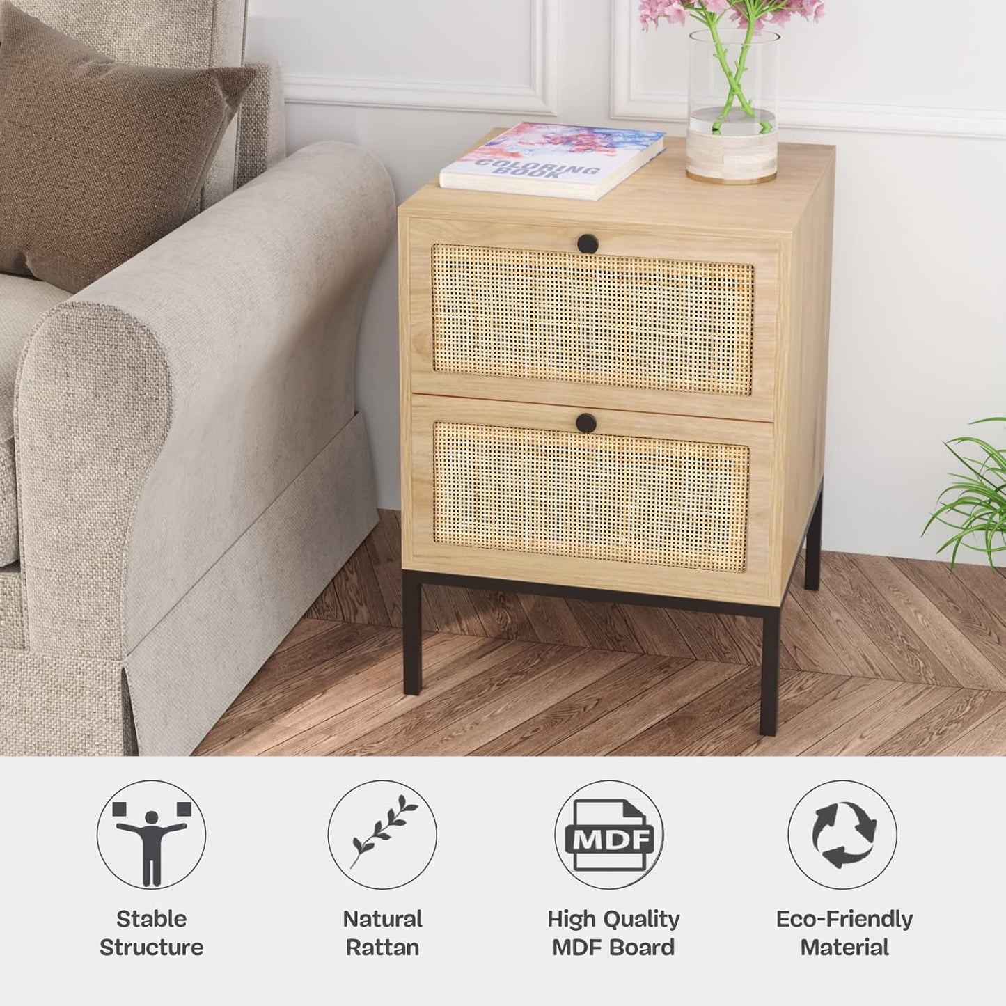 brafabhome Bohemian Rattan Nightstand Set of 2, Wood Bedside Table with Drawers for Bedroom Living Room, Beige