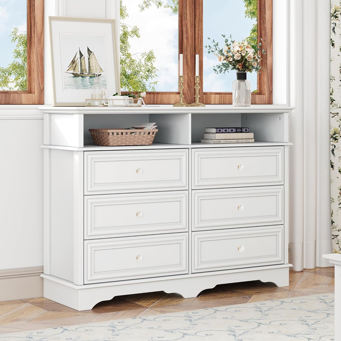 6 Drawer Dresser for Bedroom with Shelves Storage, 47'' Wide Farmhouse Thickened Wood Chest of Drawers, 35'' Tall Mid Century Modern Dressers Organizer for Living Room, Closet, Hallway