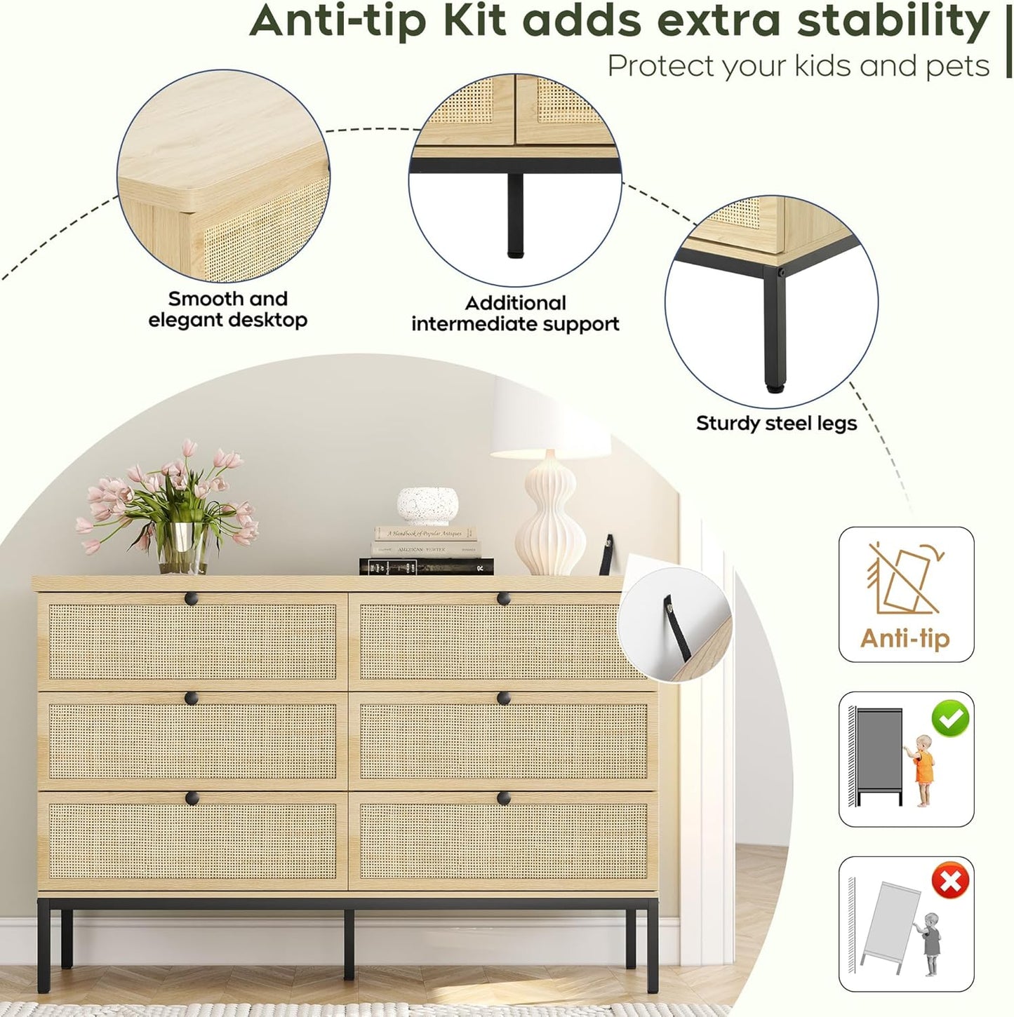 Brafabhome Mid-Century Modern Dresser with Hand-Woven Natural Rattan, Vintage Green Boho 6 Drawer Double Dresser with Wooden Legs
