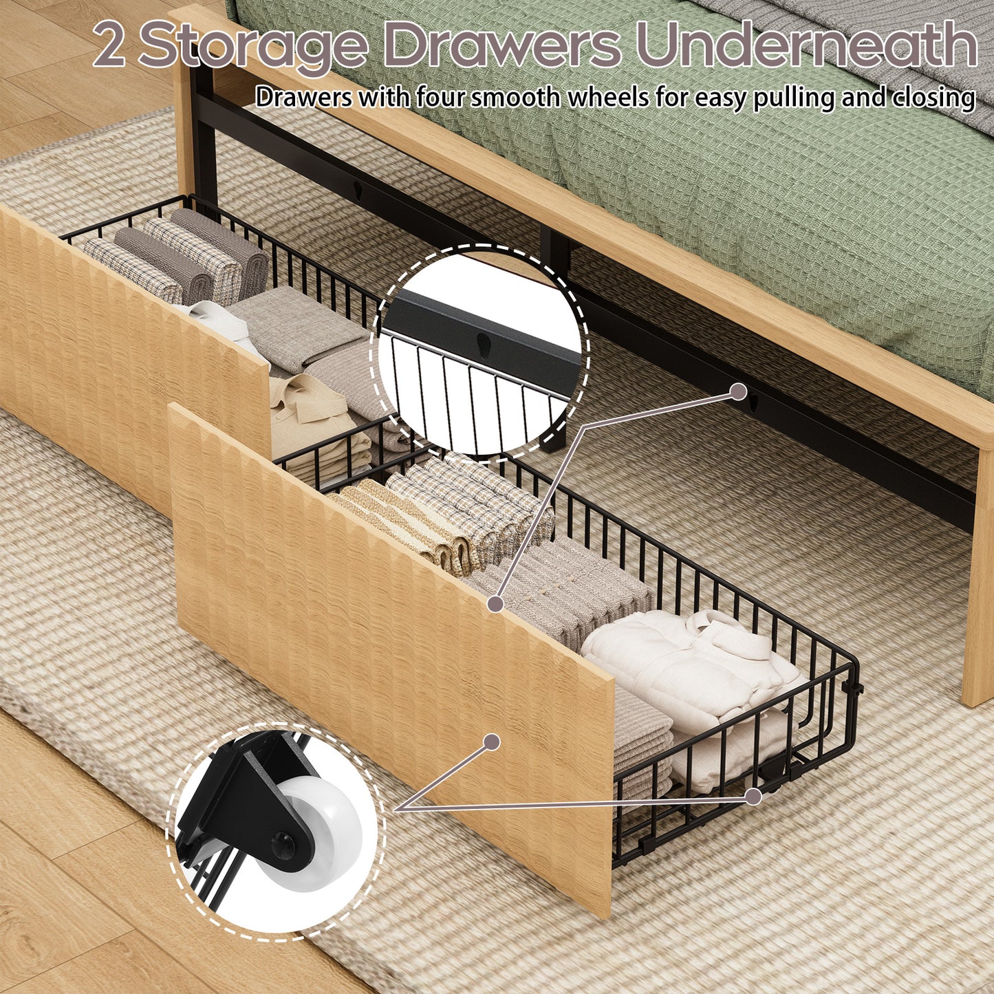 Brafabhome Accent Fluted Queen Bed Frame with Charging Station Headboard, Retro Wood Platform Bed Frame with Solid Wood Leg and 2 Storage Drawers for Bedroom Apartment, No Box Spring Needed