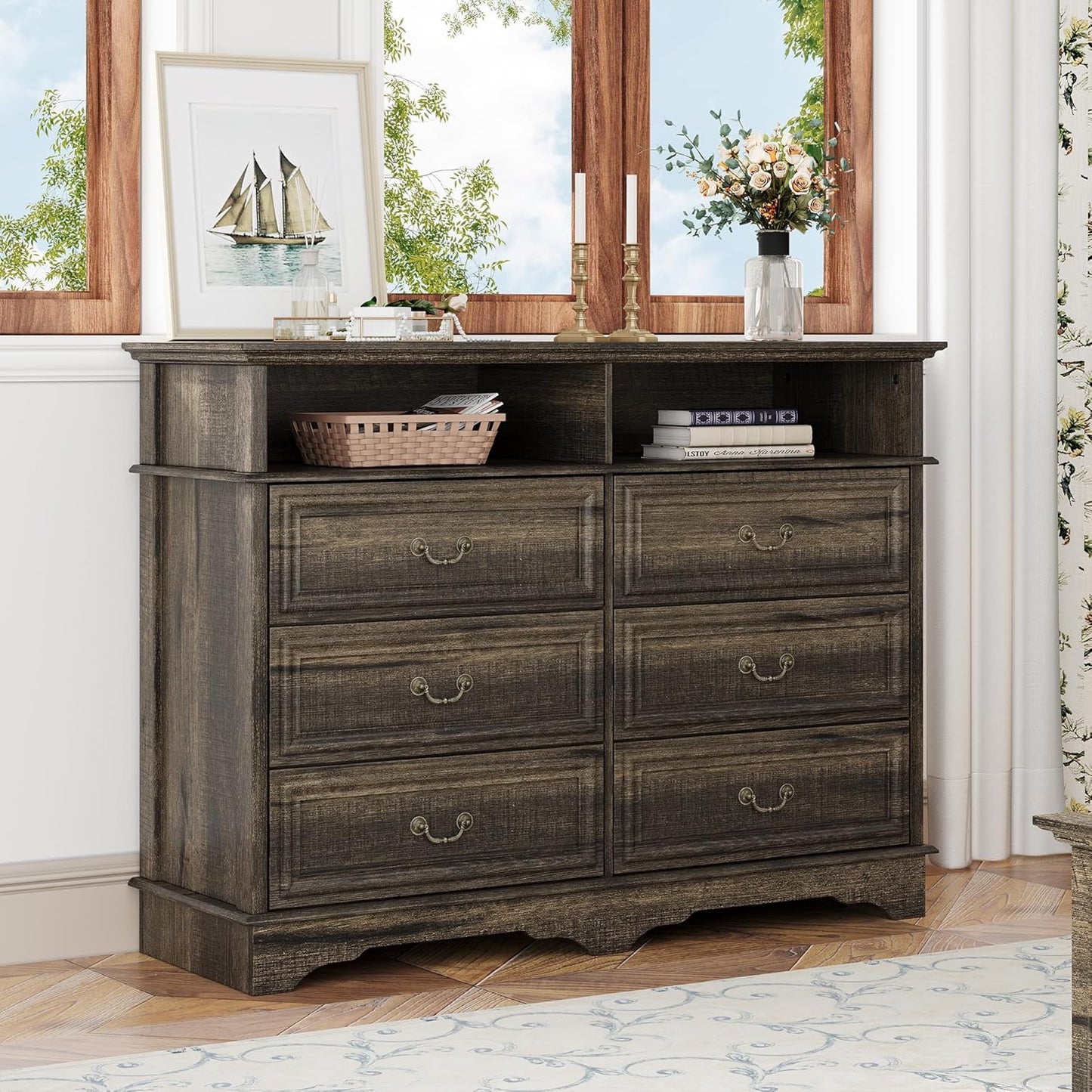 6 Drawer Dresser for Bedroom with Shelves Storage, 47'' Wide Farmhouse Thickened Wood Chest of Drawers, 35'' Tall Mid Century Modern Dressers Organizer for Living Room, Closet, Hallway