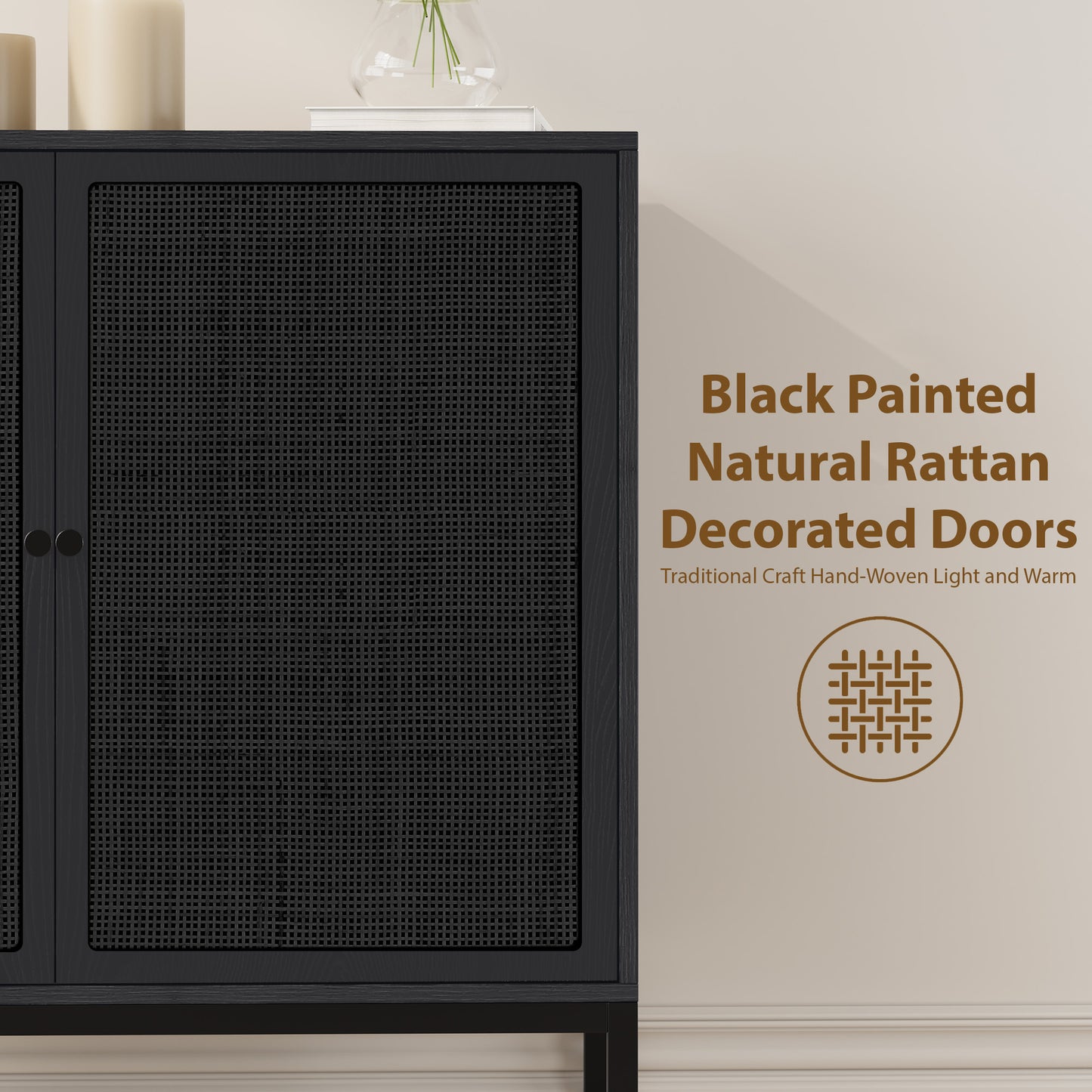 Brafabhome Sideboard Storage Cabinet with Handmade Natural Rattan Doors, Buffet Cabinet with Storage Shelf for Living Room, Dining Room, Entryway, Kitchen