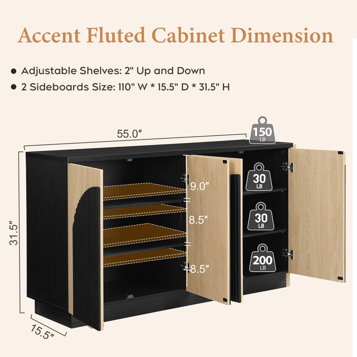 Brafabhome Accent Sideboards Buffet Cabinet with Arched Reeded Design Door, Modern Credenza Storage Cabinet with Adjustable & Removable Shelves for Living Room Bedroom Dinning Room