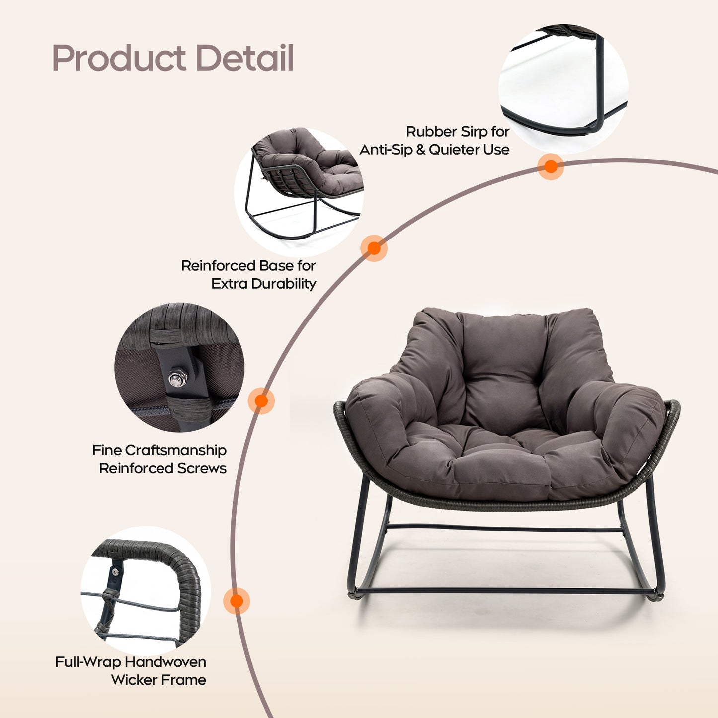 Brafabhome Oversized Patio Rocking Egg Chair with Cushion, 350lbs Heavy Duty Outdoor Rocking Chair, Comfy Recliner for Balcony, Porch, Backyard or Indoor Seating | Grey