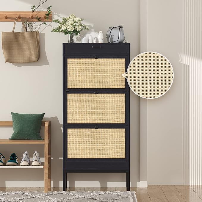 Brafabhome Shoe Rack Storage Organizer with 3 Flip Doors, Entryway Wooden Shoe Cabinet for Sneakers, Leather Shoes, High Heels, Slippers