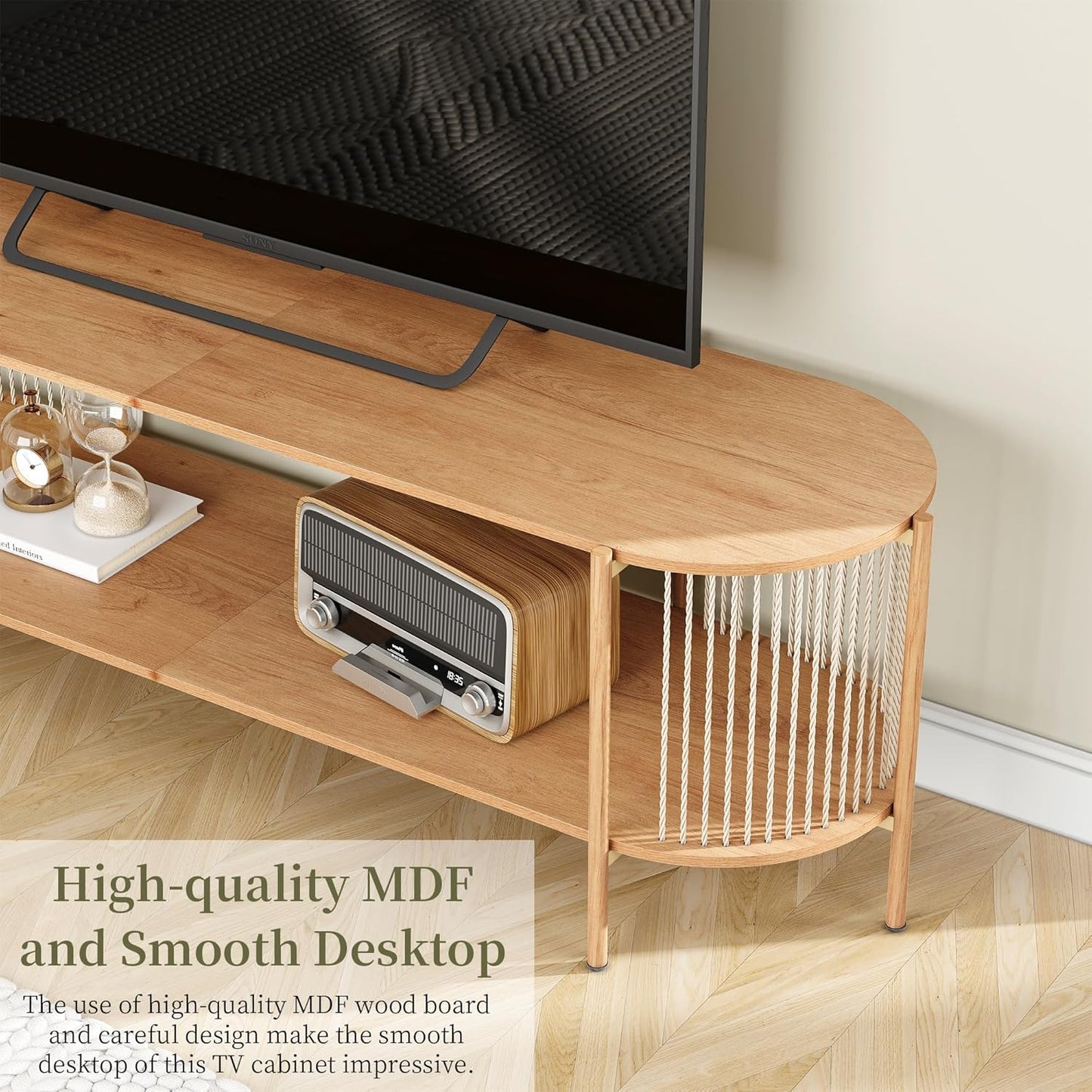 Brafabhome Oval Boho TV Console, Mid-Century Modern, Up to 65", Hand-Woven Ropes, Sturdy Steel Leg
