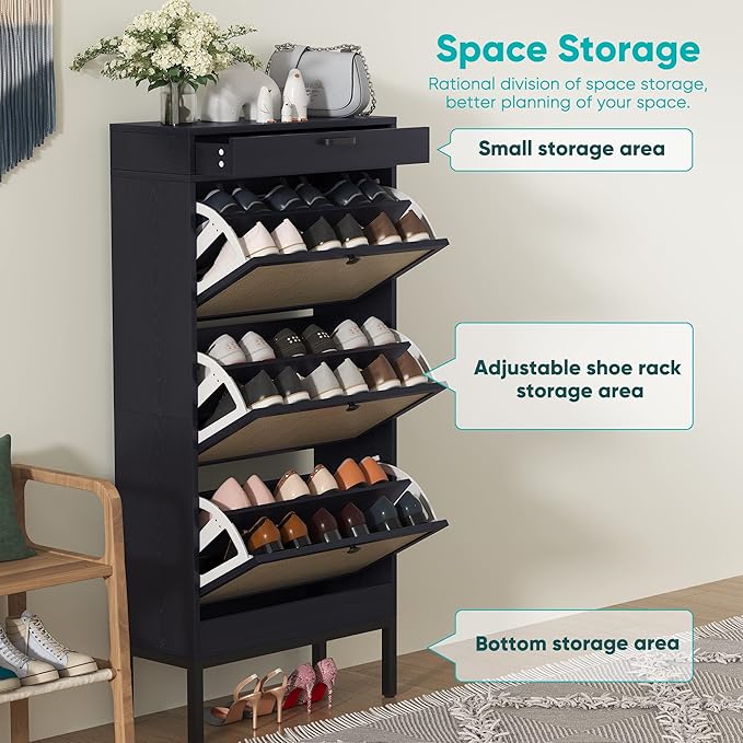 Brafabhome Shoe Rack Storage Organizer with 3 Flip Doors, Entryway Wooden Shoe Cabinet for Sneakers, Leather Shoes, High Heels, Slippers