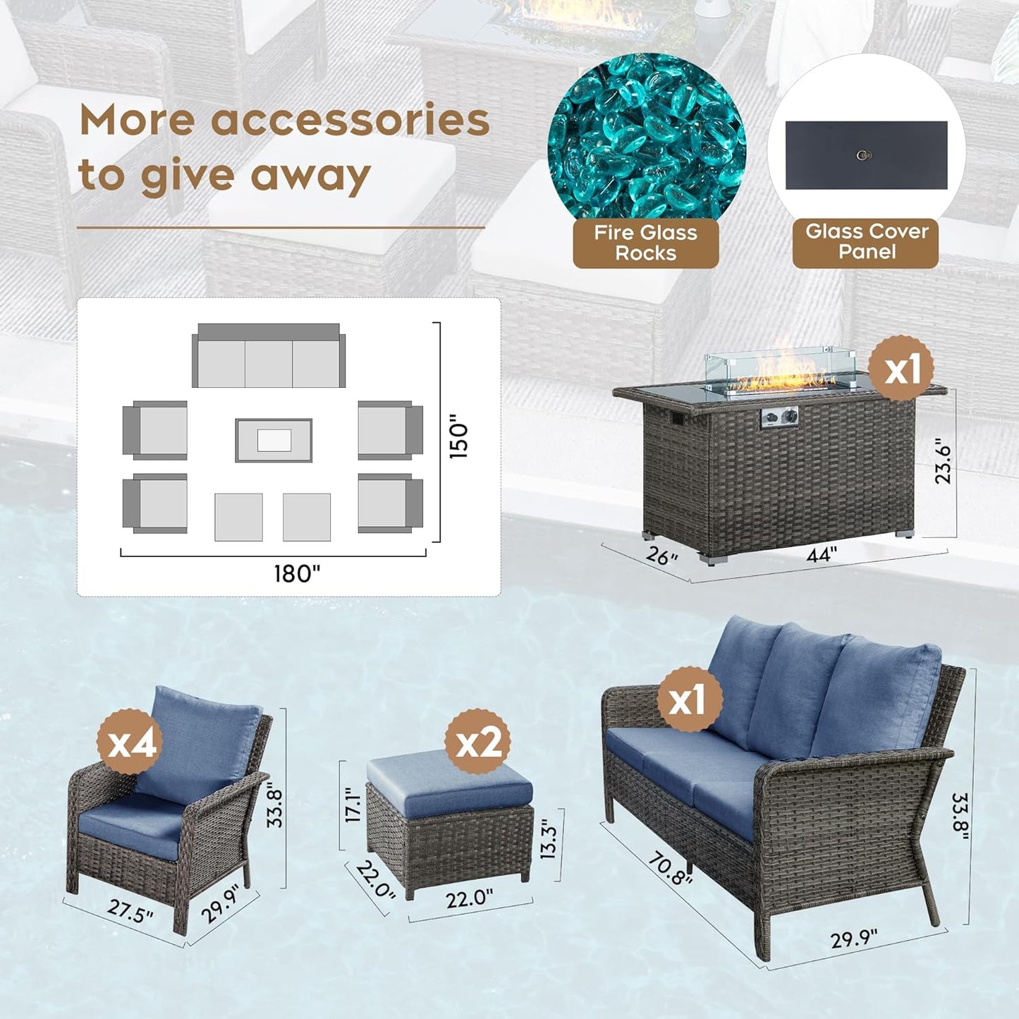 9 Seats Blue Patio Outdoor Conversation Sofa Set