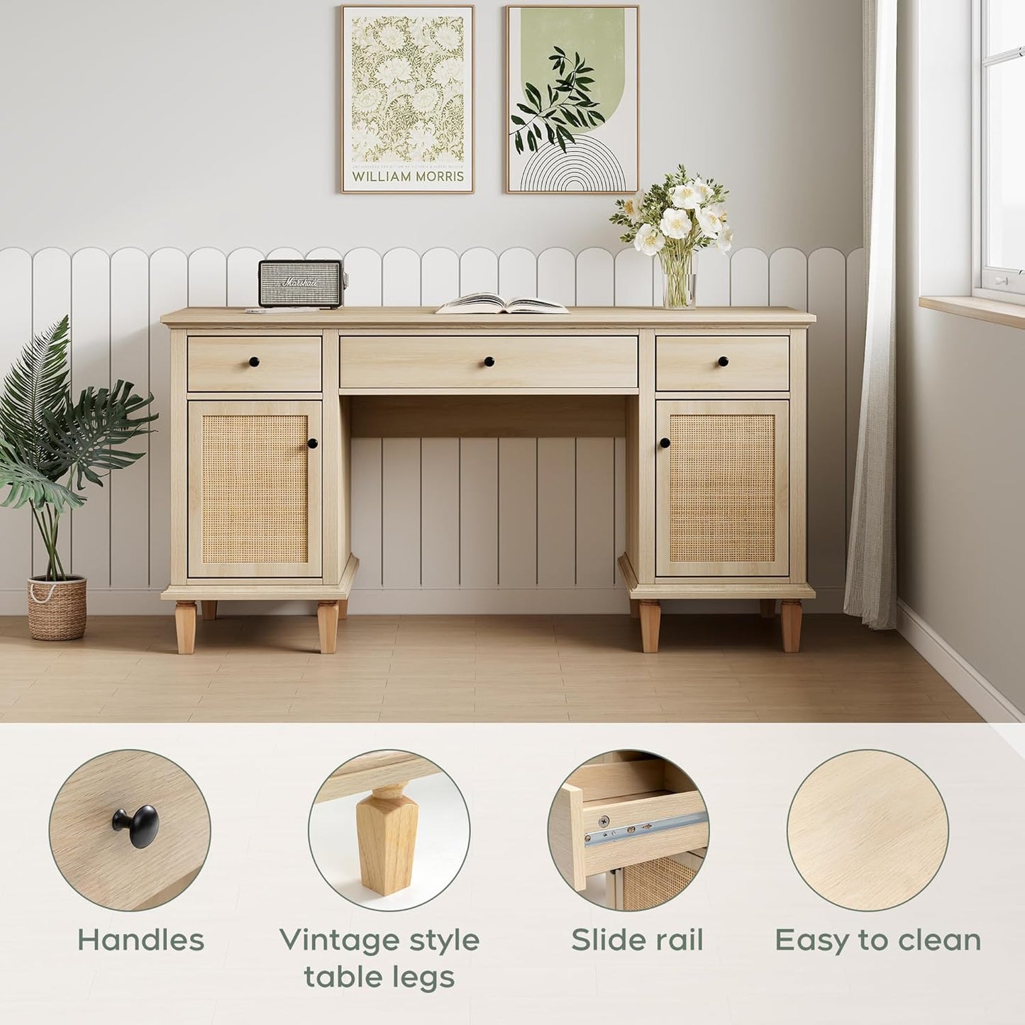Brafabhome 58"Wood Executive Desk with 7 Storage Drawers Modern Natural Rattan Home Office Computer Desks with Charging Station