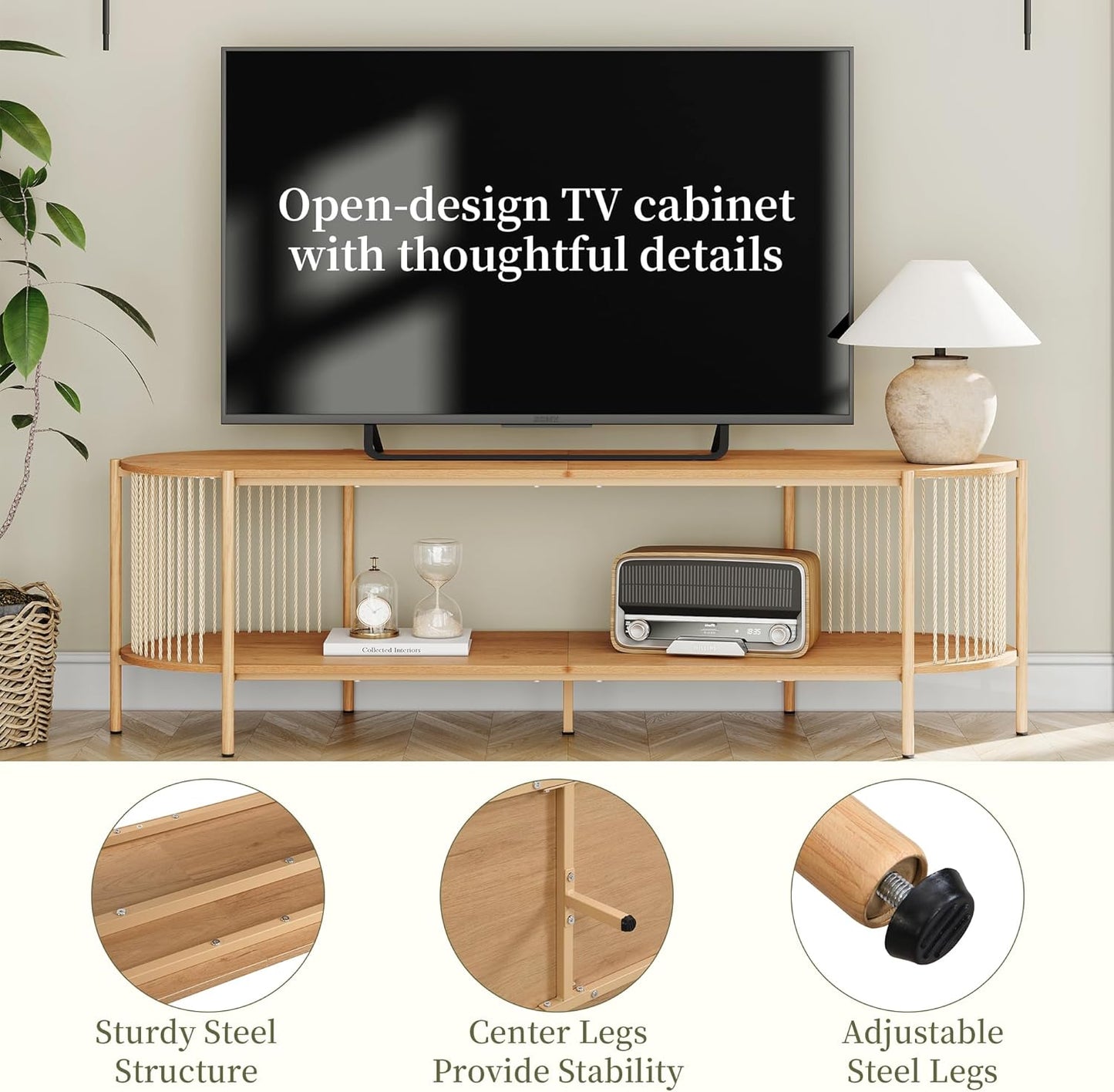 Brafabhome Oval Boho TV Console, Mid-Century Modern, Up to 65", Hand-Woven Ropes, Sturdy Steel Leg