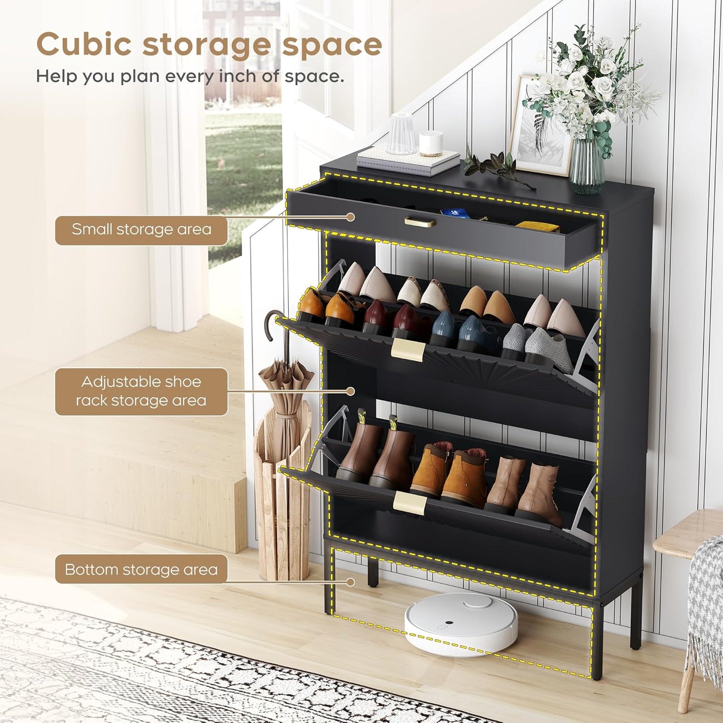 Brafabhome Shoe Storage Cabinet Slim Entryway Shoe Organizer with Half linear Circle Doors