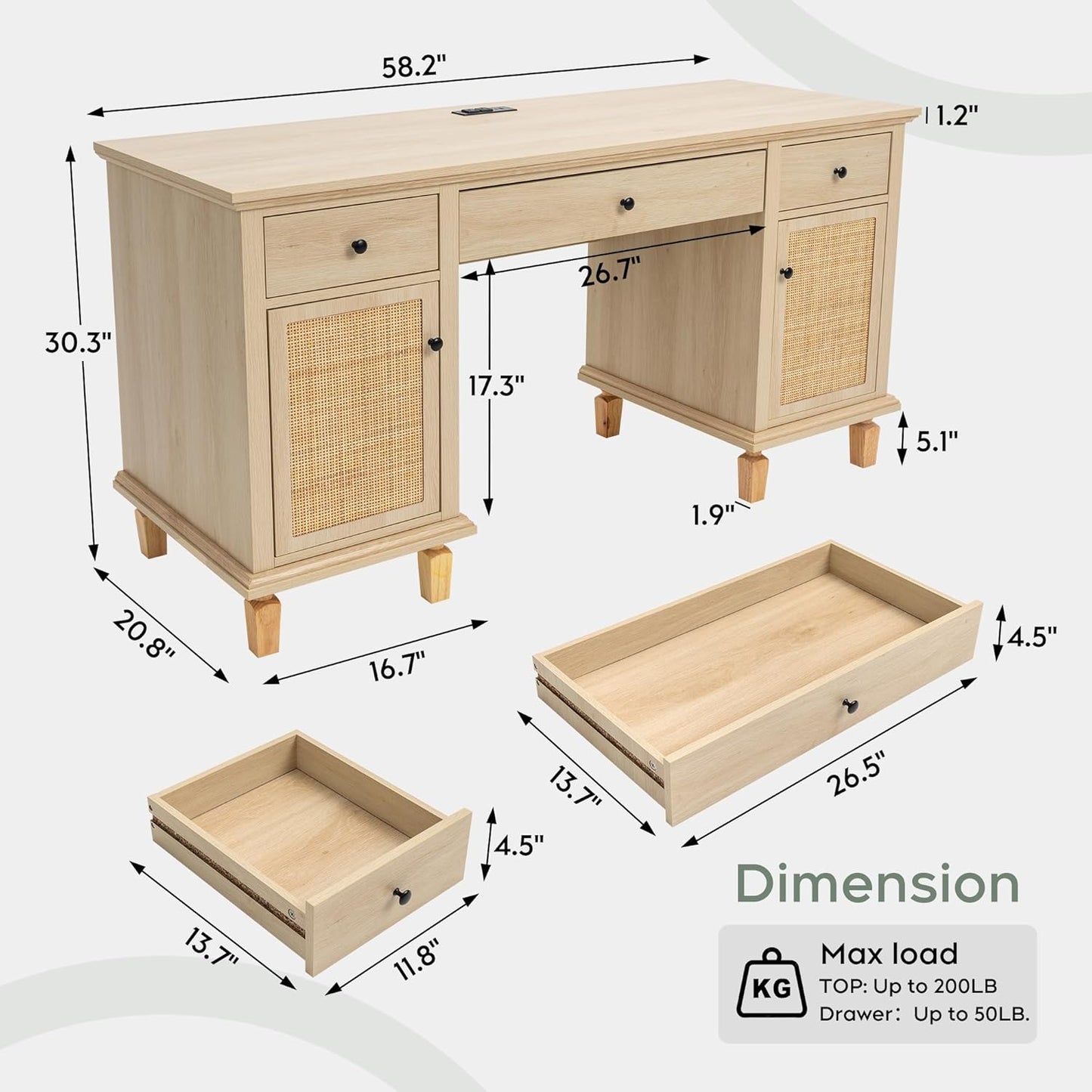 Brafabhome 58"Wood Executive Desk with 7 Storage Drawers Modern Natural Rattan Home Office Computer Desks with Charging Station