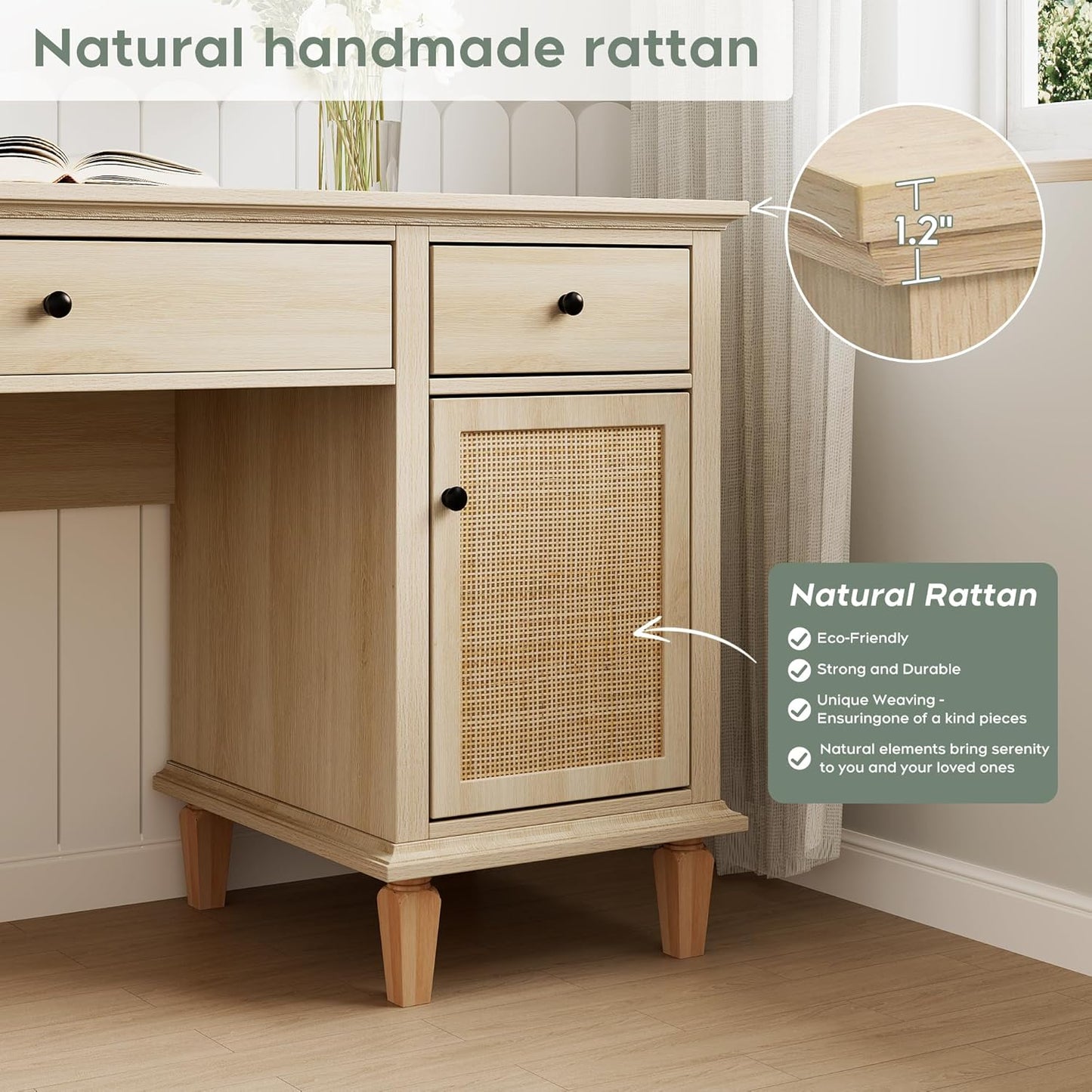 Brafabhome 58"Wood Executive Desk with 7 Storage Drawers Modern Natural Rattan Home Office Computer Desks with Charging Station