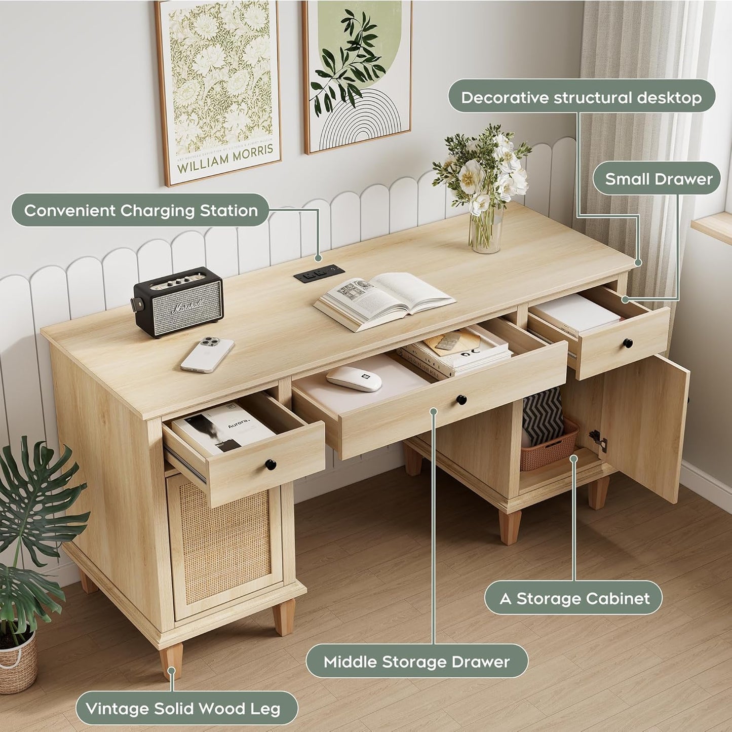 Brafabhome 58"Wood Executive Desk with 7 Storage Drawers Modern Natural Rattan Home Office Computer Desks with Charging Station