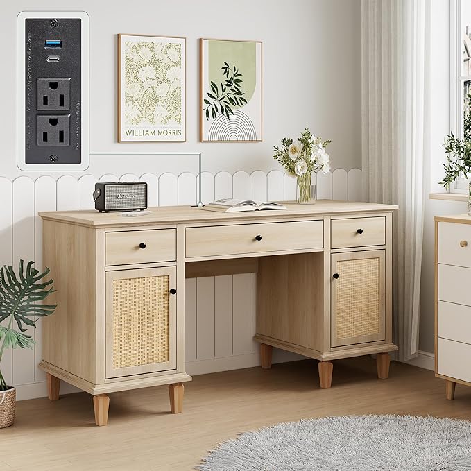 Brafabhome 58"Wood Executive Desk with 7 Storage Drawers Modern Natural Rattan Home Office Computer Desks with Charging Station