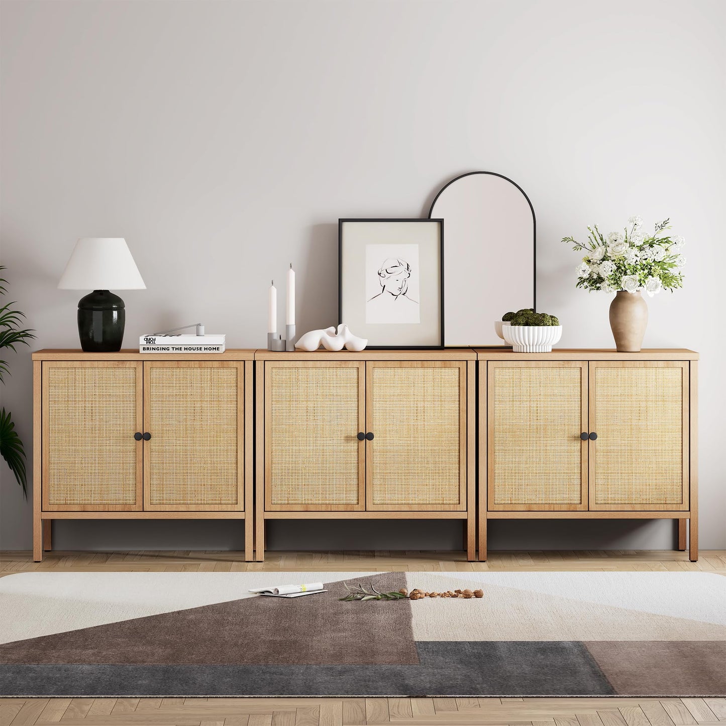 Brafabhome Rattan Cabinet with Adjustable Shelves, Sideboard Buffet Cabinet with Storage, Accent Console Cabinet Credenza for Living Room Dining Room Entryway, Natural