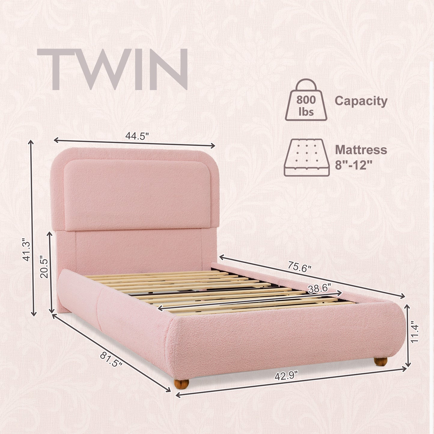 Brafabhome Twin Size Bed Frame with Round Corner Headboard, Soft Boucle Cloud Upholstered Fluffy Platform Bed with Bump-Proof Edge Footboard for Kids, No Box Spring Needed | Pink