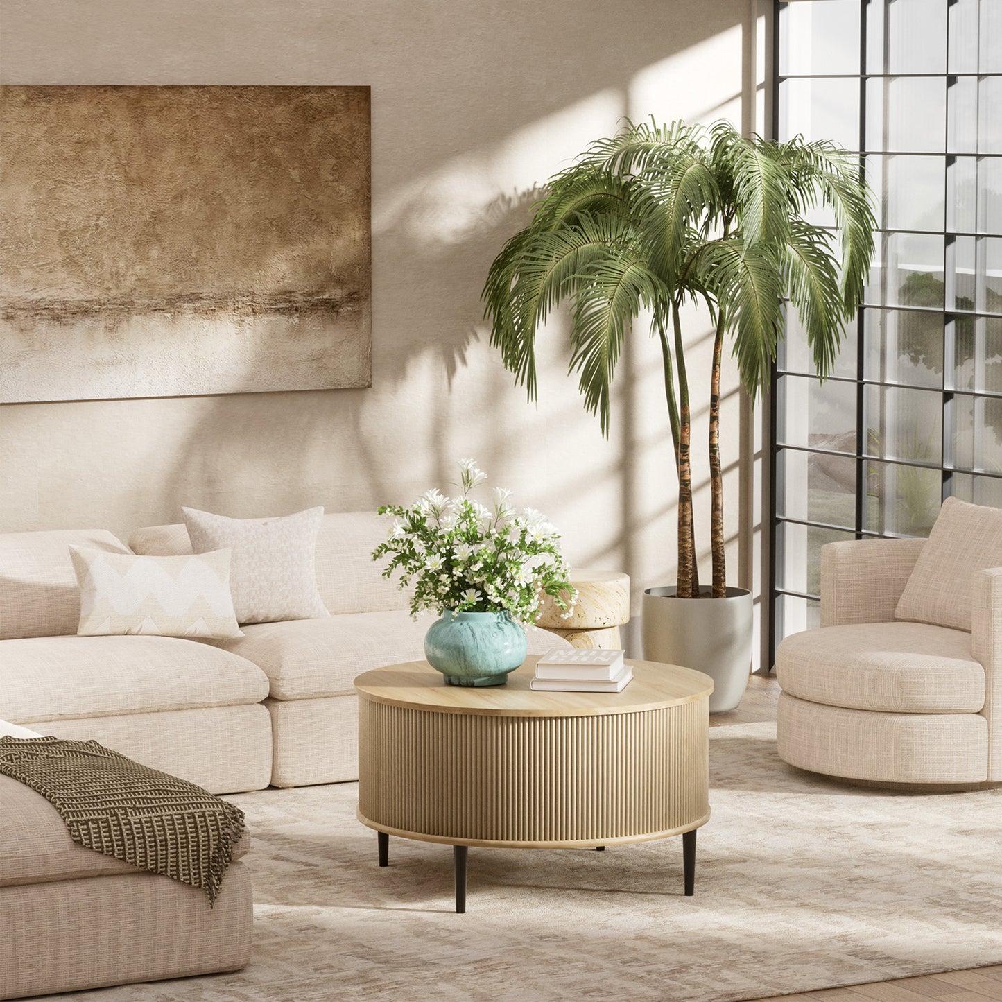 Brafabhome Round Lift Top Coffee Table with Storage, 31.5" Flip-top Fluted Cocktail Table, Mid-Century Modern Center Table for Living Room