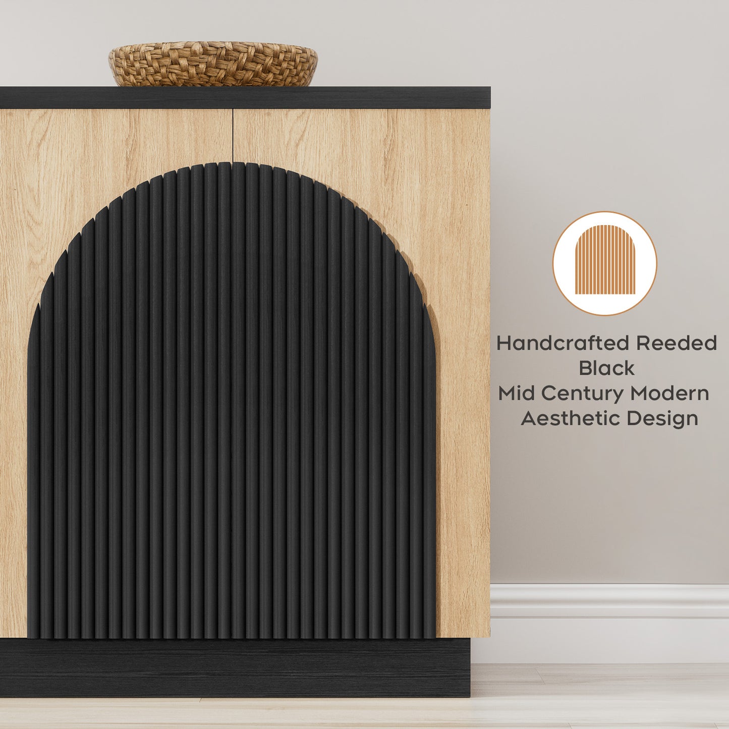 Brafabhome Accent Sideboards Buffet Cabinet with Arched Reeded Design Door, Modern Credenza Storage Cabinet with Adjustable & Removable Shelves for Living Room Bedroom Dinning Room