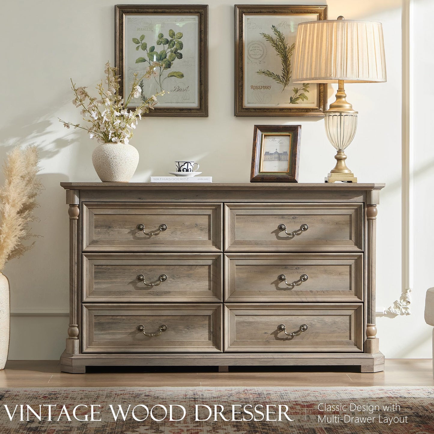 6 Drawer Dresser for Bedroom with Shelves Storage, 47'' Wide Farmhouse Thickened Wood Chest of Drawers, 35'' Tall Mid Century Modern Dressers Organizer for Living Room, Closet, Hallway