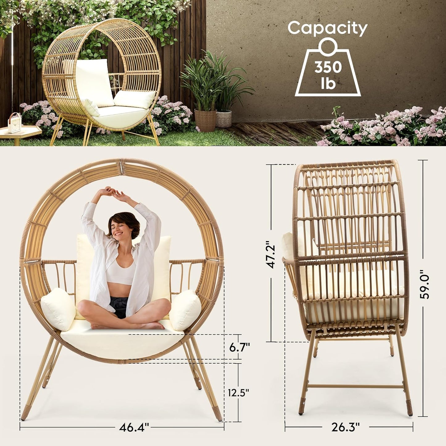 Outdoor Oversized Wicker Patio Egg Chair with Cushions