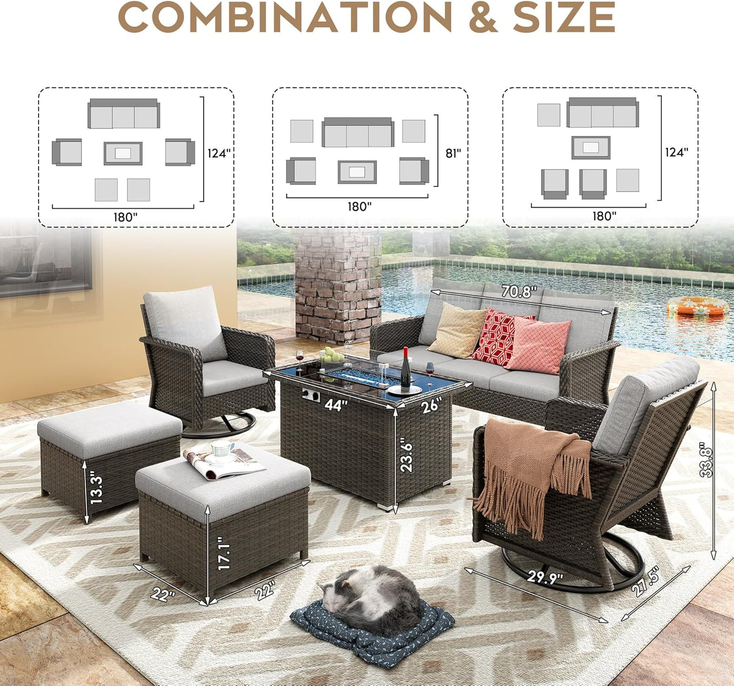 7 Seats Beige Patio Outdoor Conversation Sofa Set with Swivel Chair