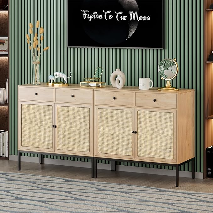 Brafabhome Sideboard Storage Cabinet with Handmade Natural Rattan Doors, Buffet Cabinet with Storage, for Living Room, Dining Room, Entryway, Kitchen