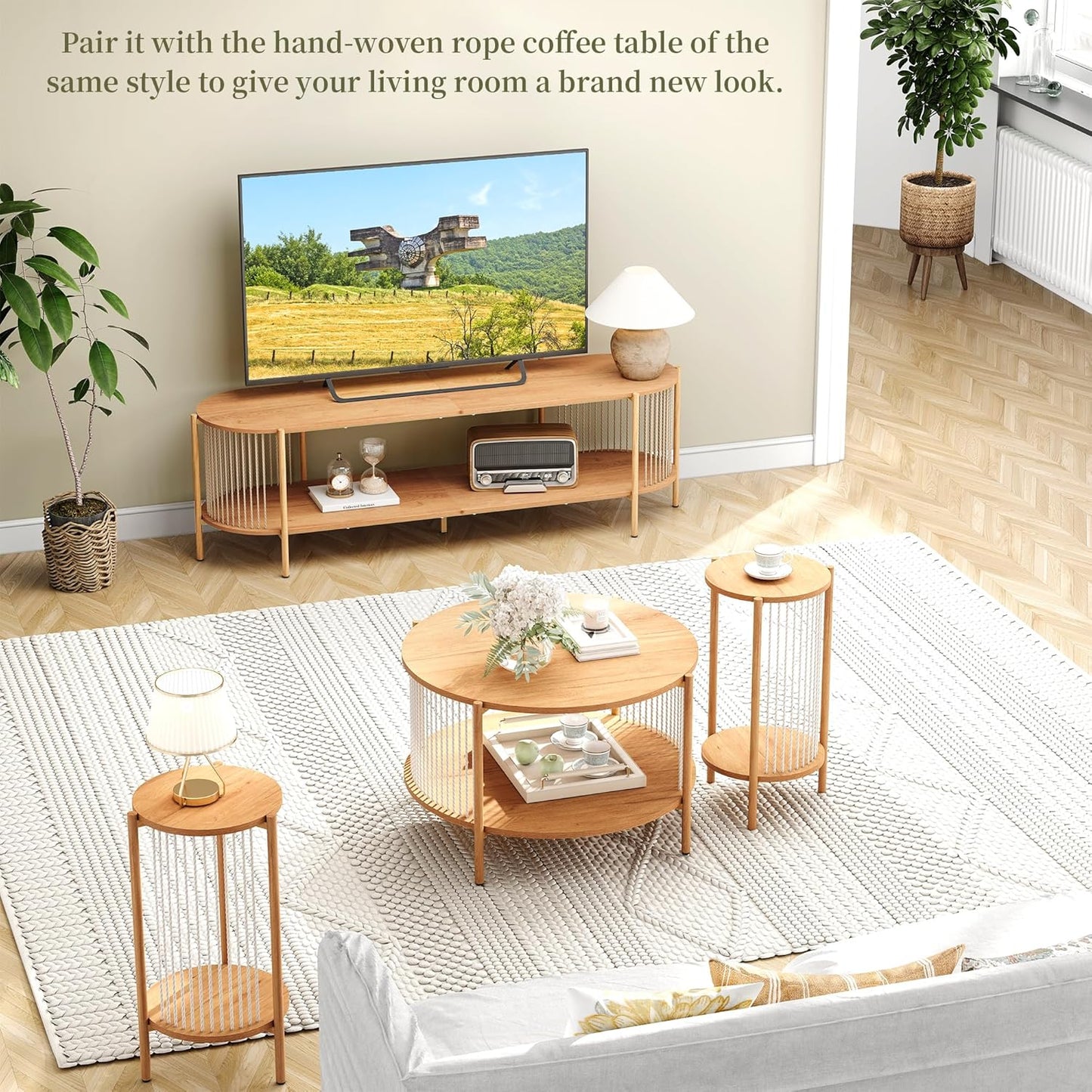 Brafabhome Oval Boho TV Console, Mid-Century Modern, Up to 65", Hand-Woven Ropes, Sturdy Steel Leg