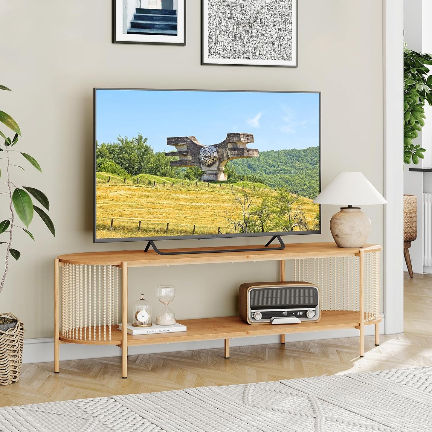 Brafabhome Oval Boho TV Console, Mid-Century Modern, Up to 65", Hand-Woven Ropes, Sturdy Steel Leg