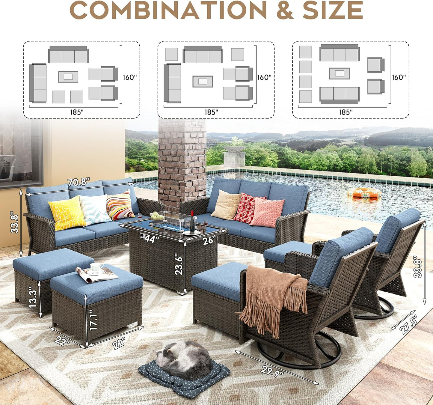 9 Seats Blue Patio Outdoor Conversation Sofa Set with Swivel Chair