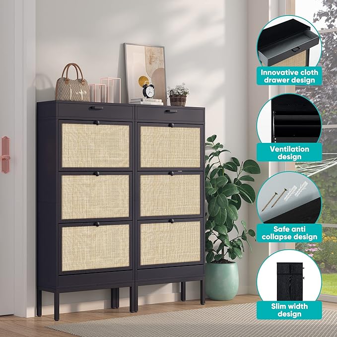 Brafabhome Shoe Rack Storage Organizer with 3 Flip Doors, Entryway Wooden Shoe Cabinet for Sneakers, Leather Shoes, High Heels, Slippers