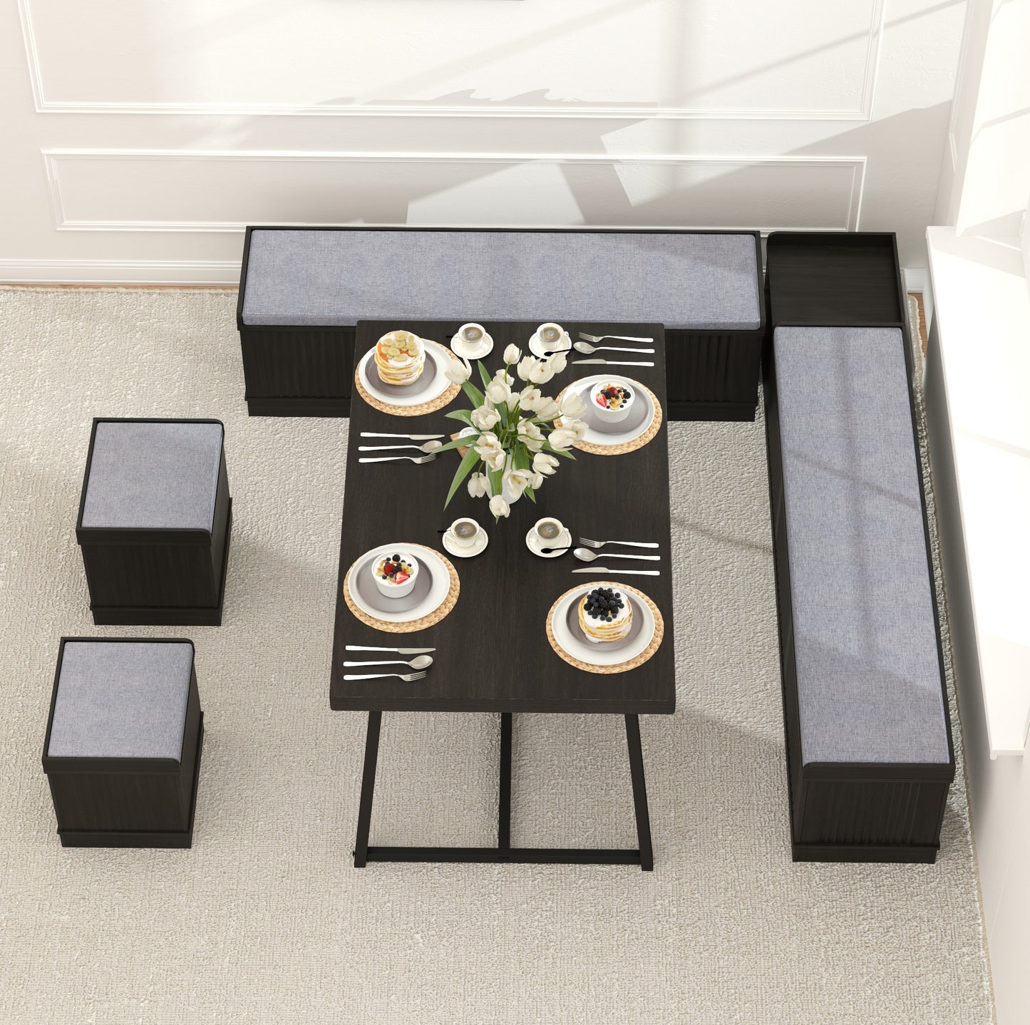 Brafabhome 6 PCS Dining Table Set with Storage Bench, Modern Corner Breakfast Nook with Cushions Stool for 6, Suitable for Kitchen and Dining Room